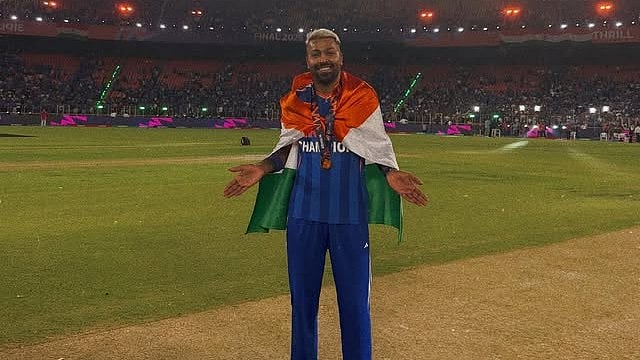 hardikpandya93/Instagram : Hardik Pandya recreates iconic celebration pose after India wins ICC T20 World Cup 2026 title by beating New Zealand in final at the Narendra Modi Stadium in Ahmedabad. 