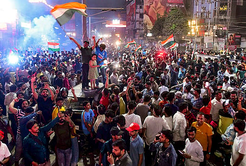 Patna: Cricket fans celebrate after India defeated New Zealand to win the ICC Men's T20 World Cup 2026 final cricket match, in Patna.