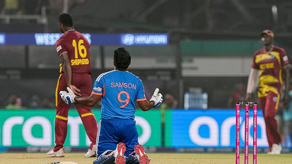 | Photo: PTI/Manvender Vashist Lav : India's Sanju Samson, 9, reacts after winning in the ICC Men's T20 World Cup 2026 cricket match between India and West Indies, at the Eden Gardens, in Kolkata, West Bengal.