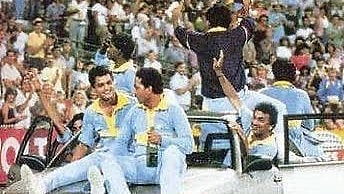 India celebrating their World Championship of Cricket 1985 victory.  - RaviShastriOfc/X