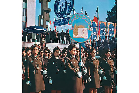 Uniformed women of the Literacy Corps outside the Iranian Senate building