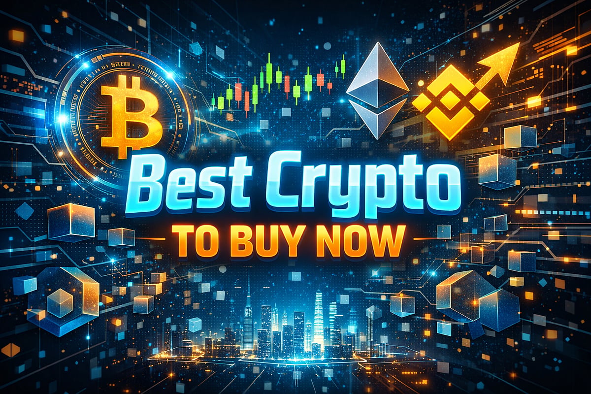 Graphic with Bitcoin, Ethereum, and Binance logos reading Best Crypto TO BUY NOW.