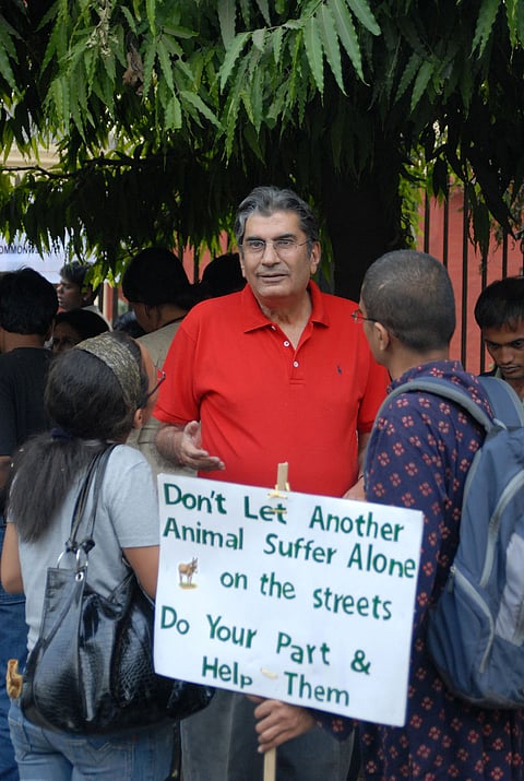 Vinod Mehta, Editor-in-Chief of Outlook Group, at a campaign against killing of stray animals at  Jantar Mantar, New Delhi on April 24, 2010.