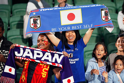 Japan supporters react during the Women's Asian Cup soccer match between Japan and Vietnam in Perth, Australia.