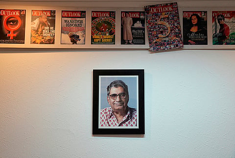 Portrait of Vinod Mehta former Editor-in-Chief of Outlook Group in the cabin of current Editor Chinki Sinha on July 10, 2024.