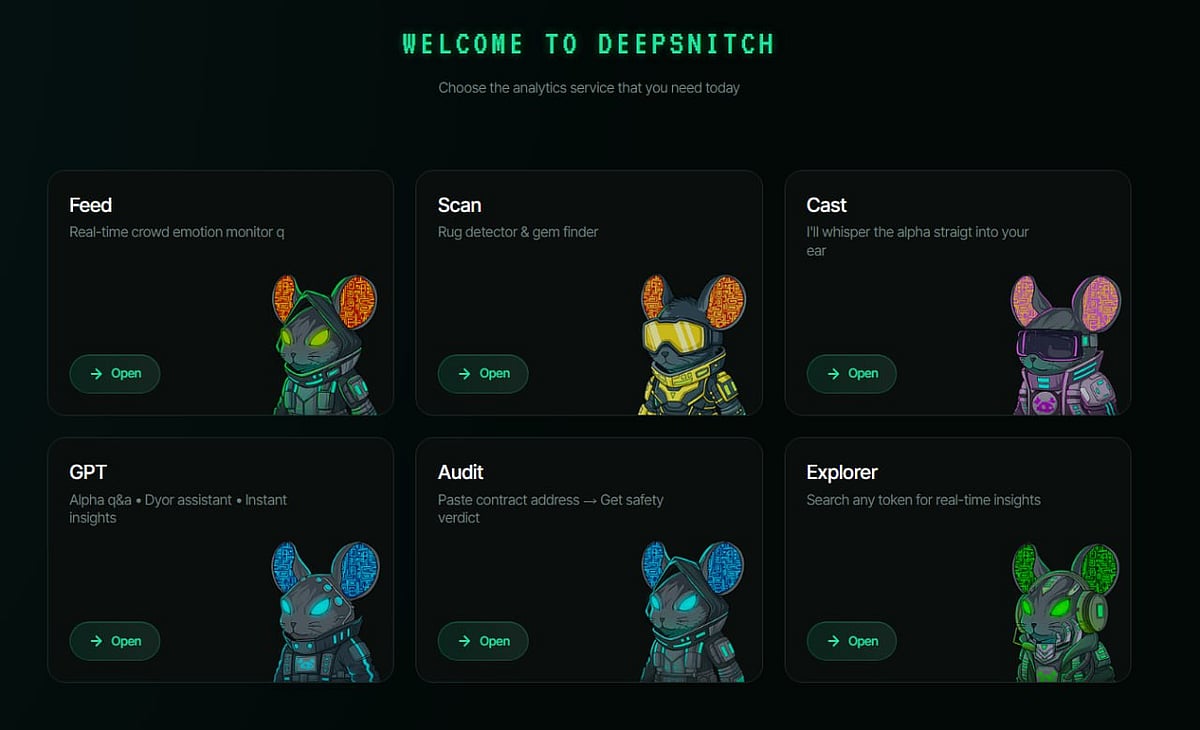 DeepSnitch dashboard featuring cyber-themed mouse avatars for Feed, Scan, GPT, and Audit tools.