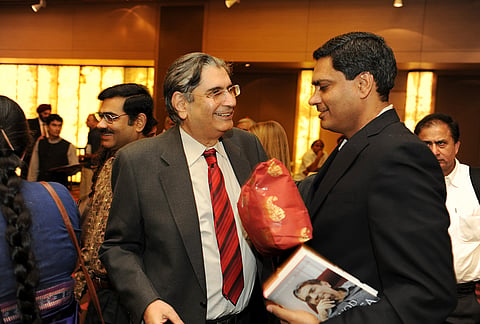 Vinod Mehta, Editor-in Chief of Outlook Group, and Anirudh Behl, editor of the online magazine Cobrapost.com at Mehta's book launch in New Delhi on Nov. 9, 2011.