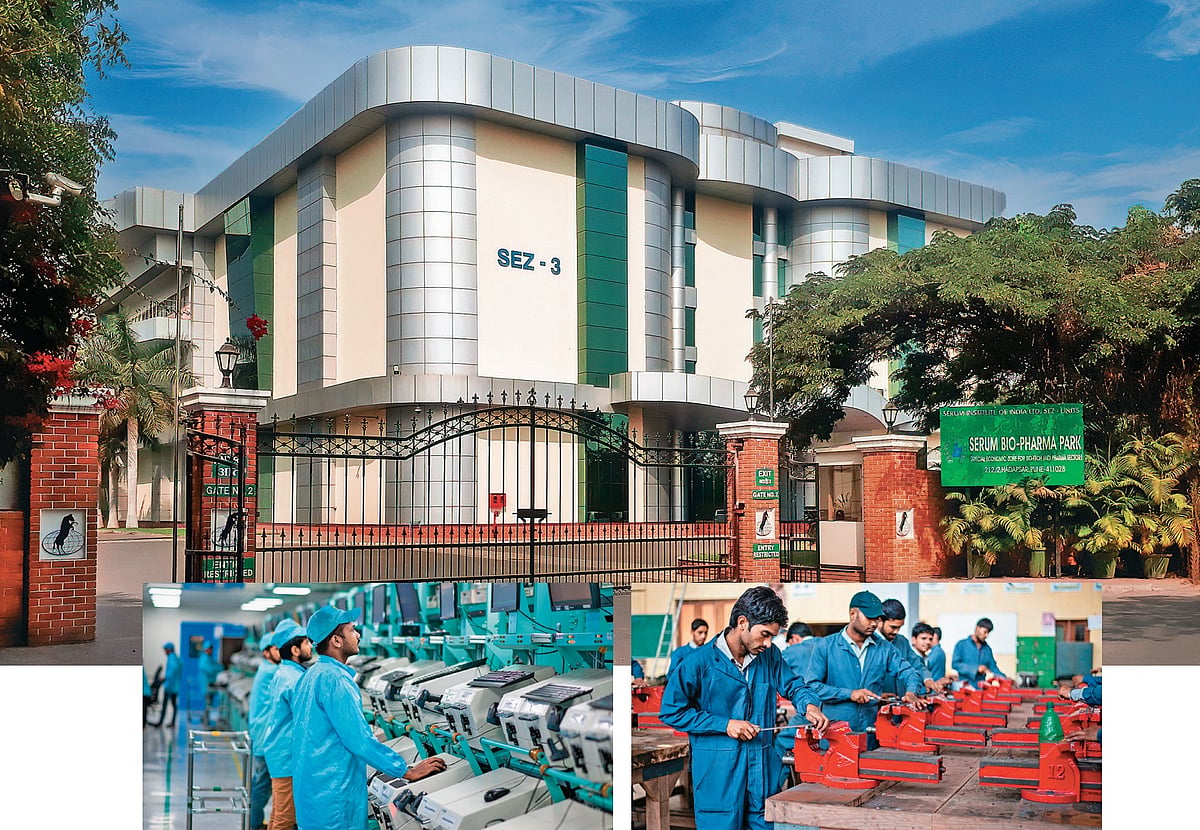Industrial complex with factory workers operating machines and assembling equipment
