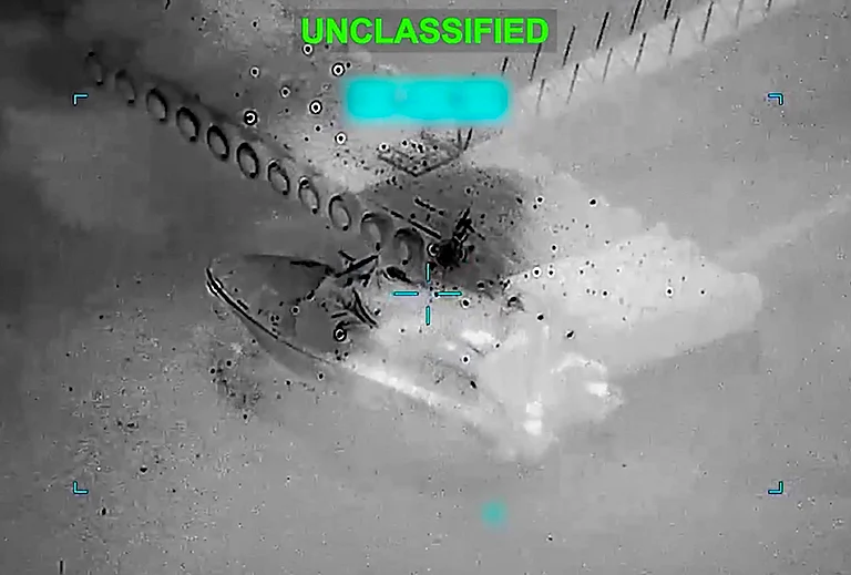 Explosions are seen as US forces strike an Iranian vessel near the Strait of Hormuz. US says it destroyed 16 mine-laying vessels as Iran threatens to block Gulf oil exports. - Photo: US Central Command/X via PTI