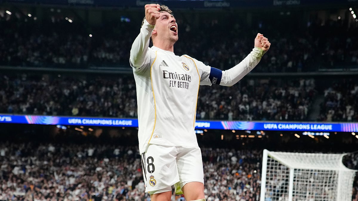 Real Madrid's Federico Valverde celebrates after scoring during a first leg round of 16 Champions League soccer match between Real Madrid and Manchester City in Madrid, Spain, Wednesday, March 11, 2026. - | Photo: AP/Jose Breton