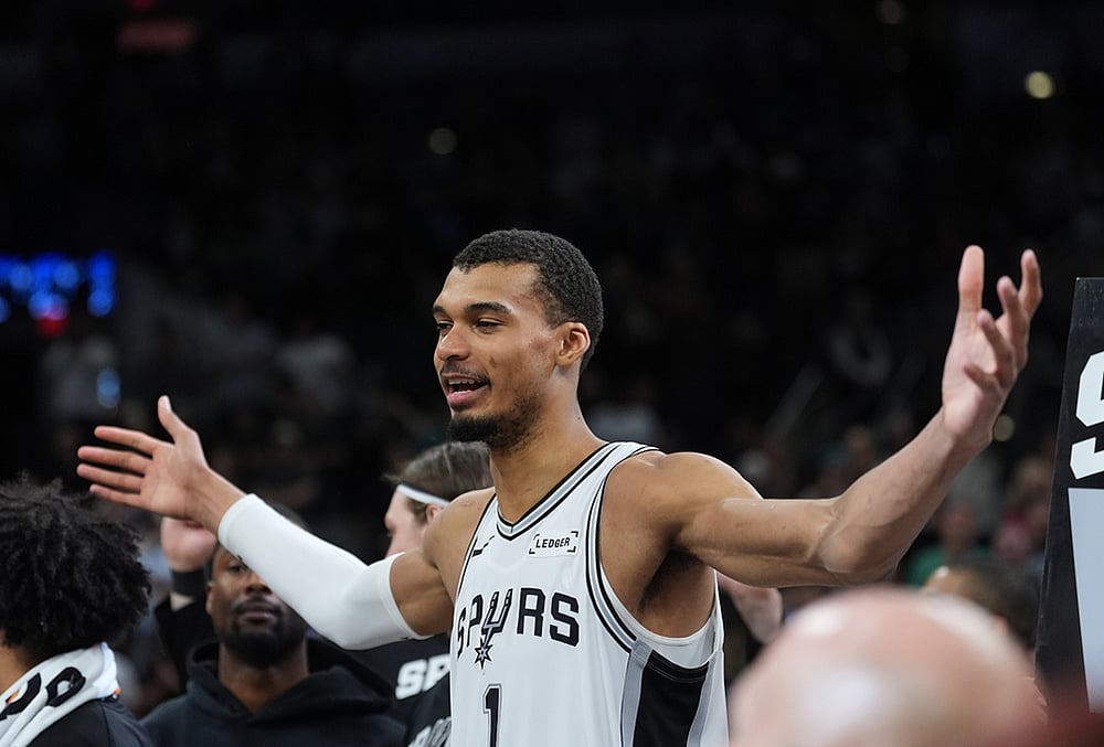 | Photo: AP/Eric Gay : San Antonio Spurs forward Victor Wembanyama celebrates with teammates after their win over the Boston Celtics in an NBA basketball game in San Antonio.