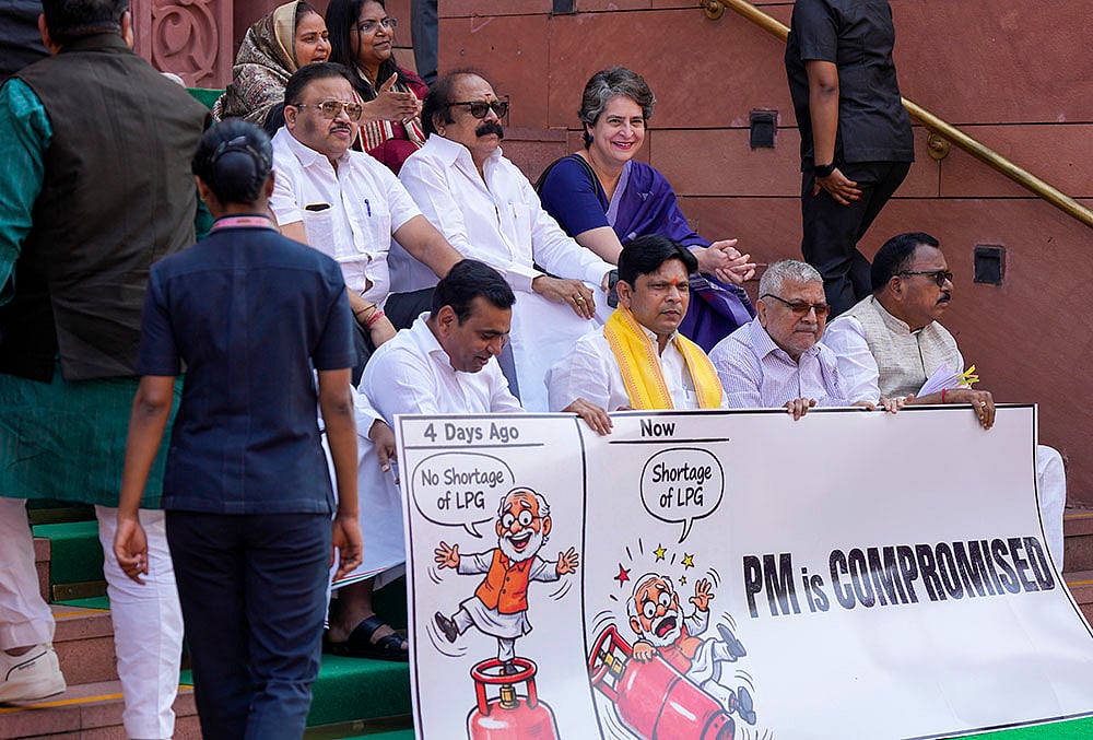 Congress MPs protest during Budget Session of Parliament