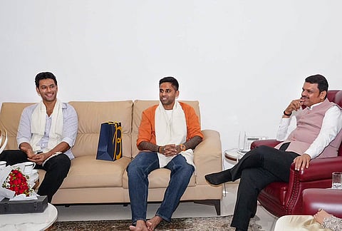 Maharashtra Chief Minister Devendra Fadnavis meets ICC Men's T20 World Cup-winning India's captain Suryakumar Yadav and cricketer Shivam Dube at Varsha Bungalow, in Mumbai. 