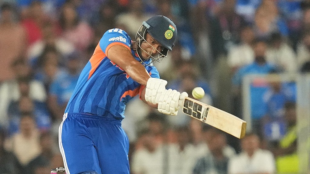 India's Shivam Dube hits a six during the T20 World Cup cricket final match between India and New Zealand in Ahmedabad, India, Sunday, March 8, 2026. - AP Photo/Rafiq Maqbool