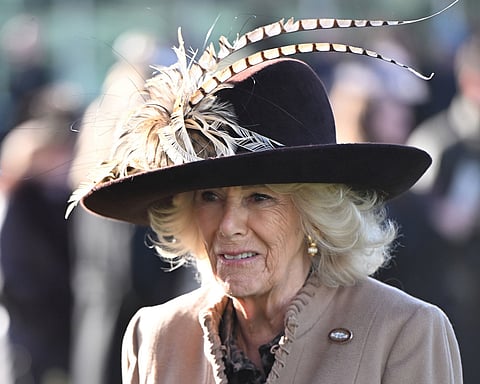 Britain's Queen Camilla attends the second day of the Cheltenham Festival at Cheltenham Racecourse, Gloucestershire, England.