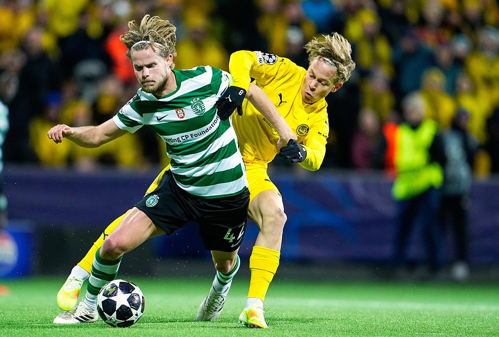| Photo: Fredrik Varfjell/NTB Scanpix via AP : Sporting's Morten Hjulmand, front, and Bodo/Glimt's Sondre Auklend fight for the ball during the Champions League soccer match between Bodo/Glimt and Sporting Lisbon, in Bodo, Norway.
