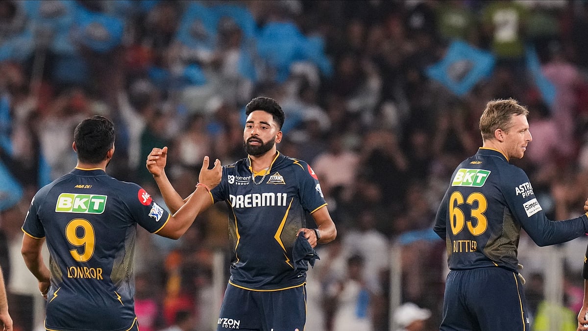 PTI Photo/Arun Sharma : Gujarat Titans' players celebrate after winning the Indian Premier League (IPL) 2025 T20 cricket match between Gujarat Titans and Rajasthan Royals, at the Narendra Modi Stadium, in Ahmedabad.
