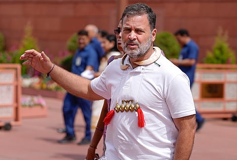 Leader of Opposition in Lok Sabha Rahul Gandhi wears 'Konyak Naga ornaments' during the second part of Budget session of Parliament, in New Delhi.
