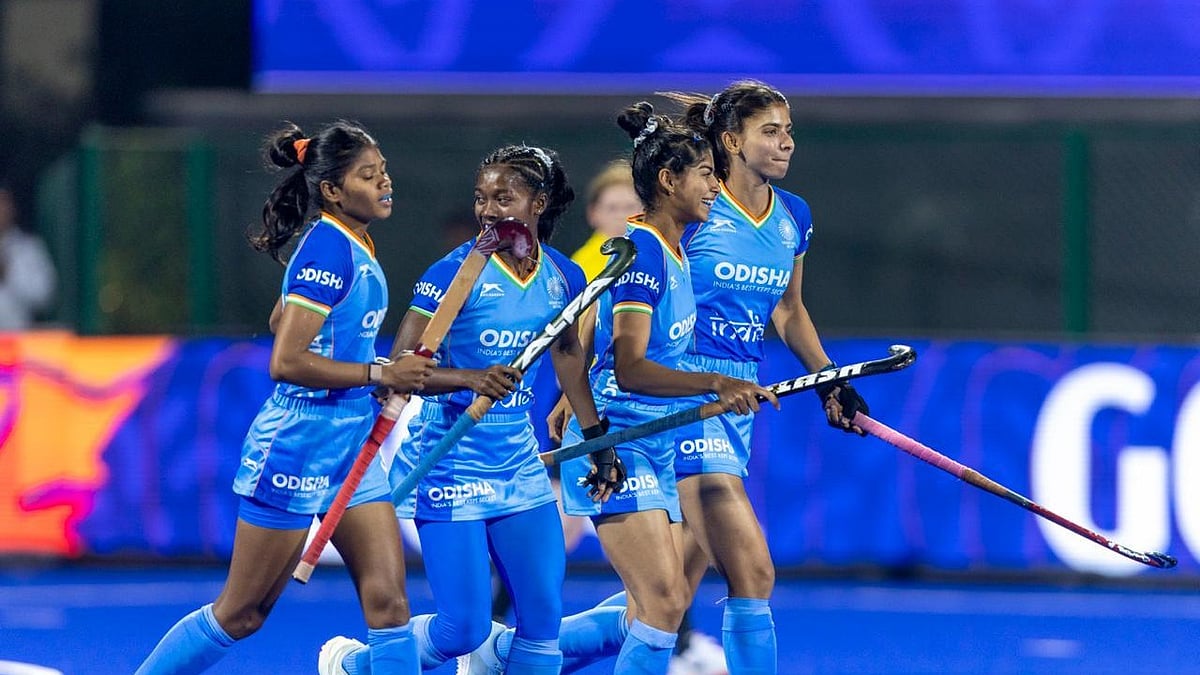 India women's hockey team players in action in the FIH Women's Hockey World Cup Qualifiers 2026. - Hockey India