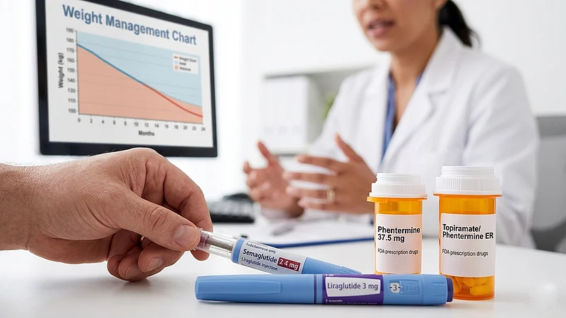 Doctor discussing prescription obesity drugs like Semaglutide and Liraglutide with a patient