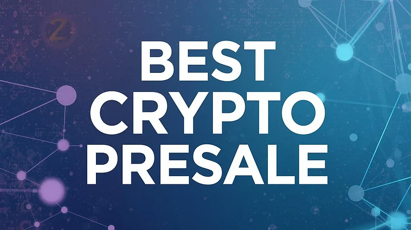 Best crypto presale text on a blue digital network background