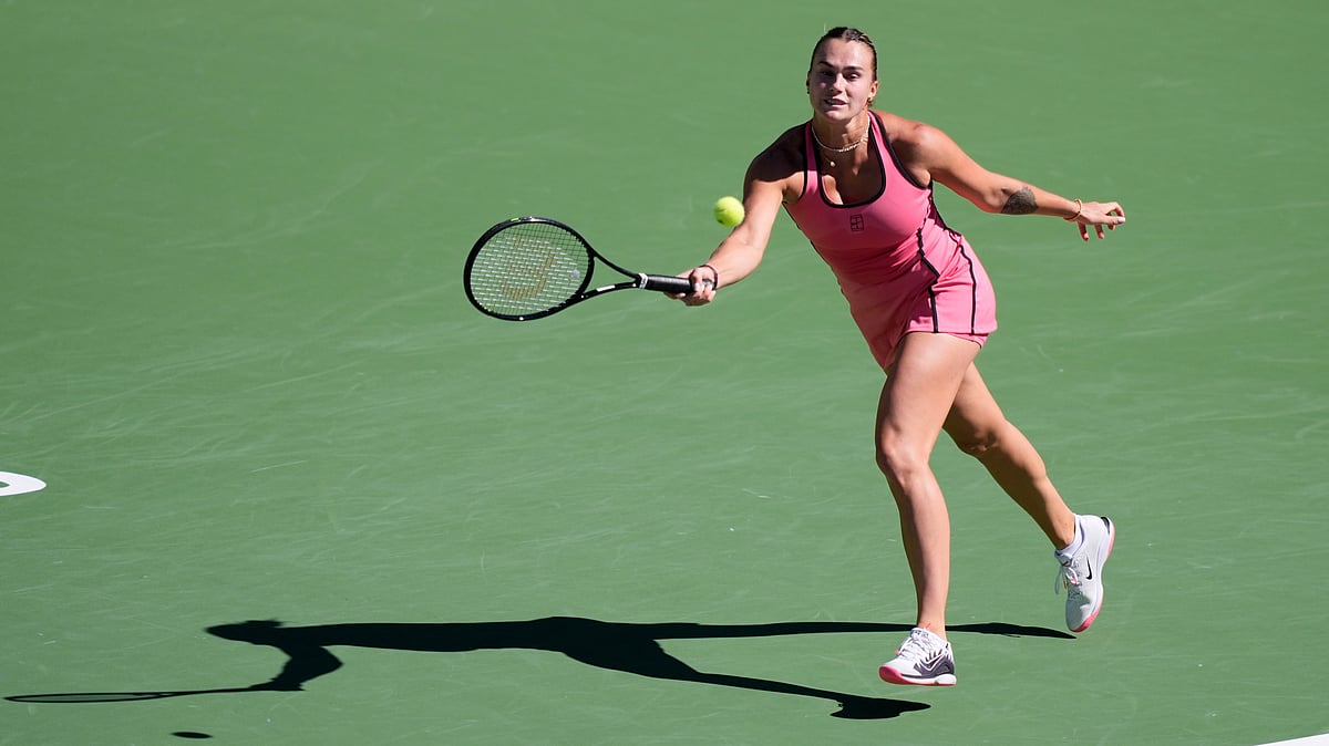 | Photo: AP/Mark J. Terrill : Aryna Sabalenka, of Belarus, returns a shot against Victoria Mboko, of Canada, during a quarterfinal match at the BNP Paribas Open tennis tournament, Thursday, March 12, 2026, in Indian Wells, Calif. 