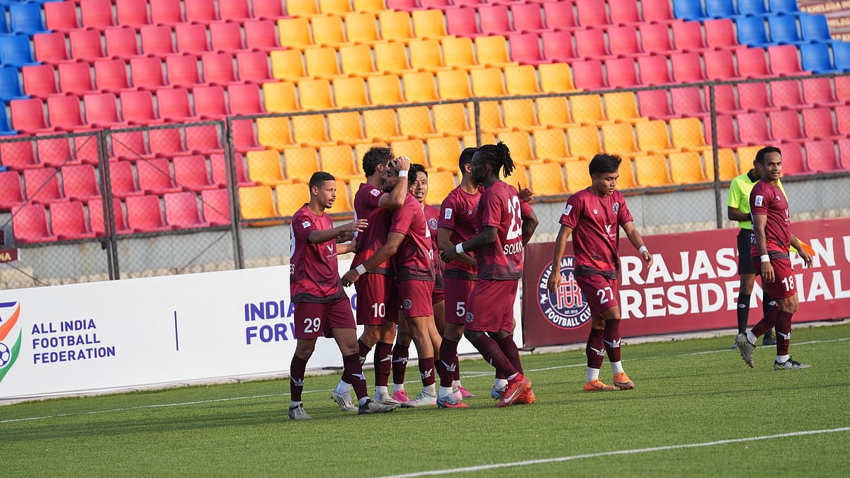Rajasthan United FC players celebrating a goal during the Indian Football League match against Namdhari FC on March 13, 2026. - | Photo: AIFF
