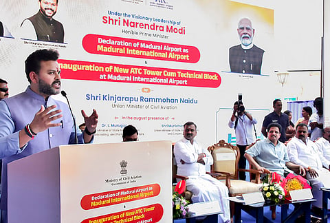 Union Civil Aviation Minister Kinjarapu Rammohan Naidu addresses a gathering during a programme to declare Madurai Airport, an international airport, in Madurai, Tamil Nadu.