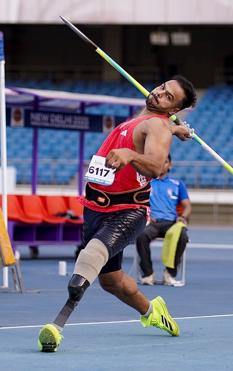 India's Sumit Antil competes in the men's javelin throw event during the World Para Athletics Grand Prix at Jawaharlal Nehru Stadium, in New Delhi.