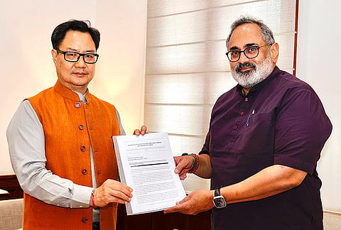 Union Minister Kiren Rijiju receives a representation from BJP Kerala President Rajeev Chandrasekhar regarding protection of micro-minority communities, in New Delhi. 