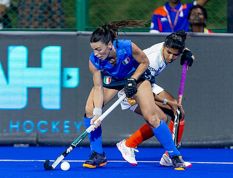 Italy's Teresa Dalla Vittoria in action against India during the FIH Women's Hockey World Cup Qualifiers match on March 13, 2026.