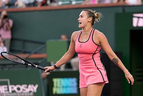 Aryna Sabalenka, of Belarus, reacts after defeating Linda Noskova, of the Czech Republic, during a semifinal match at the BNP Paribas Open tennis tournament, Friday, March 13, 2026, in Indian Wells, California.