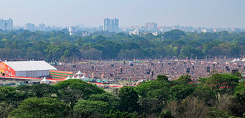 An aerial view of  BJP supporters gathered during the Prime Minister Narendra Modi’s rally, at Brigade Parade Ground in Kolkata.