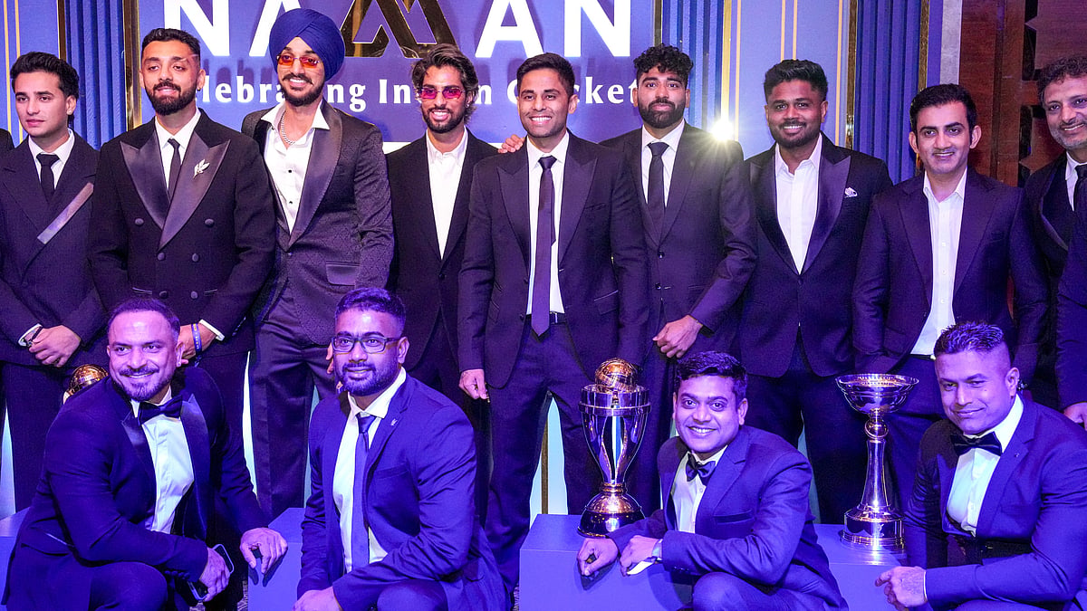 Indian men's cricket team captain Suryakumar Yadav with teammates during the BCCI Naman Awards 2026, in New Delhi, Sunday, March 15, 2026.  - (PTI Photo/Kamal Kishore)