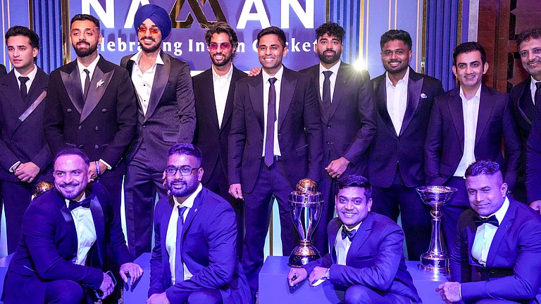 Indian men's cricket team captain Suryakumar Yadav with teammates during the BCCI Naman Awards 2026, in New Delhi, Sunday, March 15, 2026. - (PTI Photo/Kamal Kishore)