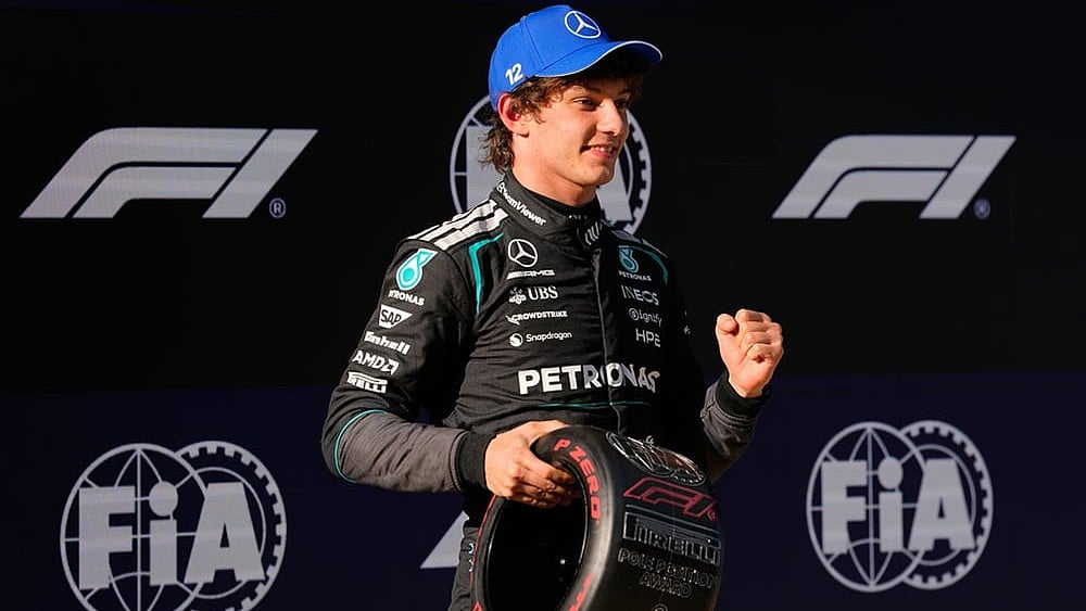 | Photo: AP/Vincent Thian : Mercedes driver Andrea Kimi Antonelli of Italy gestures after getting the pole position during the qualifying session of the Chinese Formula One Grand Prix at the Shanghai International Circuit, in Shanghai, China.