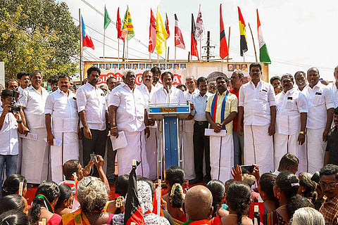 Tamil Nadu Commercial Taxes Minister P Moorthy addresses a gathering during a protest against the central government, in Madurai.