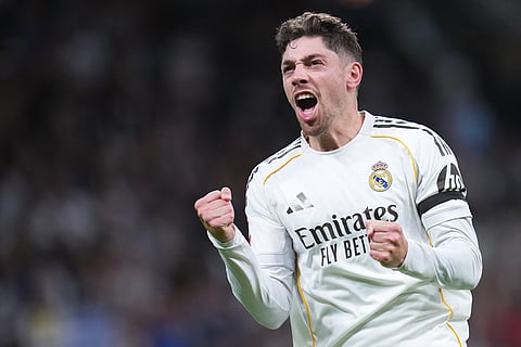 Real Madrid's Federico Valverde celebrates after scoring his side's second goal during a Spanish La Liga soccer match between Real Madrid and Elche CF, in Madrid.