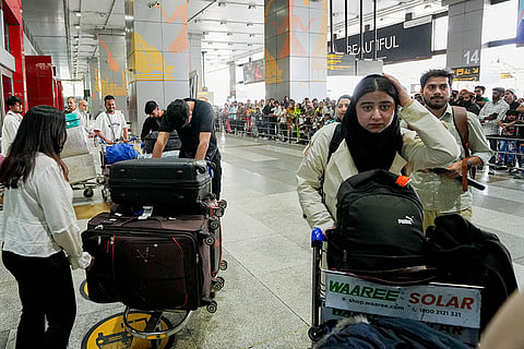 Students returning from Iran arrive at Terminal 3 (T3) of the Indira Gandhi International Airport after their evacuation amid regional tensions, in New Delhi.