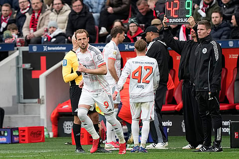 Bayern's Harry Kane comes on during a German Bundesliga soccer match between Bayer Leverkusen and Bayern Munich in Leverkusen, Germany.
