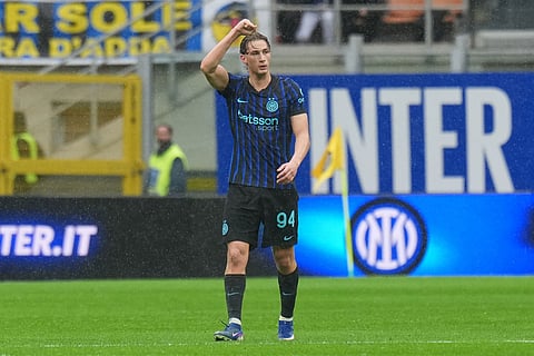 Inter Milan's Francesco Pio Esposito celebrates after scoring during the Serie A soccer match between Inter Milan and Atalanta in Milan, Italy.