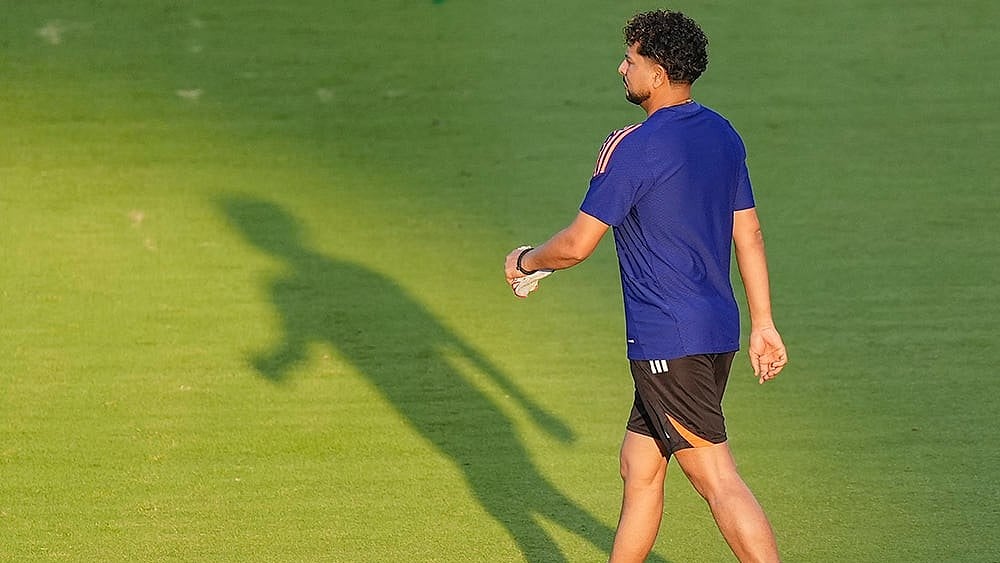 India's Kuldeep Yadav during a training session on the eve of the ICC Men's T20 World Cup 2026 final cricket match between India and New Zealand, at the Narendra Modi Stadium in Ahmedabad, Gujarat. - | Photo: PTI/Kunal Patil