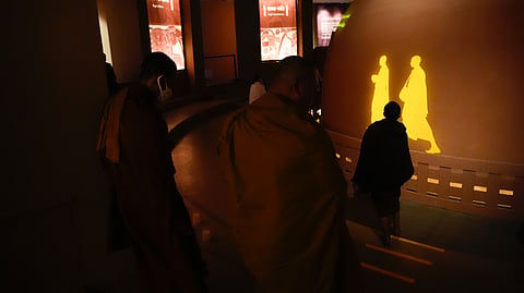 A group of Busshist  monks from Cambodia at the exposition. Buddhist devotees from all over the world have been visiting the exposition  and worshipping the Sacred relics at the exhibition.