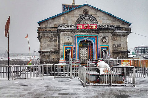 Snowfall at the Kedarnath temple premises, in Rudraprayag district, Uttarakhand.