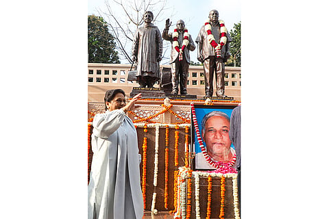 Bahujan Samaj Party (BSP) chief Mayawati pays tributes to the party founder Kanshi Ram on his 92nd birth anniversary, in Lucknow.
