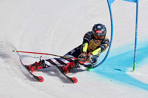 United States' Mikaela Shiffrin speeds down the course during a women's World Cup giant slalom, in Are, Sweden.