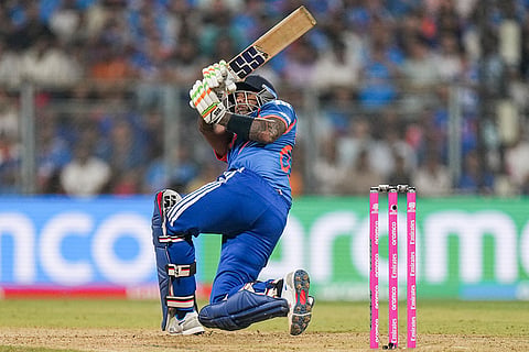 India's captain Suryakumar Yadav plays a shot during the ICC Men's T20 World Cup 2026 cricket match between India and USA, at the Wankhede Stadium, in Mumbai.