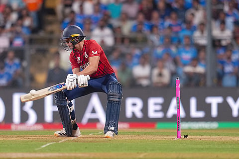 England's Jacob Bethell plays a shot during the ICC Men's T20 World Cup 2026 second semifinal cricket match between India and England, at the Wankhede Stadium, in Mumbai, Maharashtra