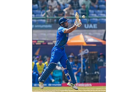 Afghanistan's Ibrahim Zadran plays a shot during the ICC Men's T20 World Cup 2026 cricket match between Afghanistan and UAE, at Arun Jaitley Stadium, in New Delhi.
