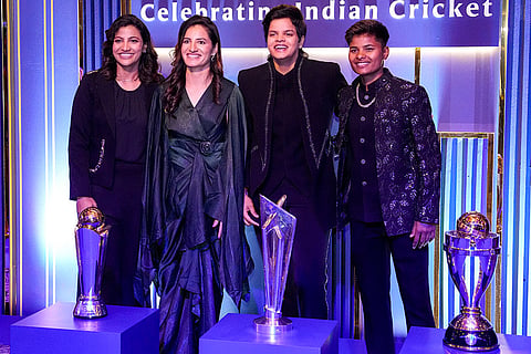 From left, Indian women's cricket team players Sneh Rana, Renuka Singh, Shafali Verma and Kranti Gaud during the BCCI Naman Awards 2026, in New Delhi.